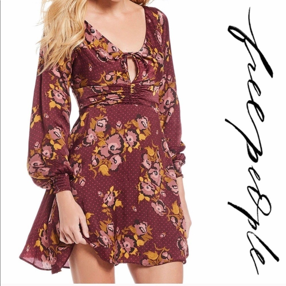 Free People Morning Light Ruched Satin Mini Dress Burgundy Floral Size 6